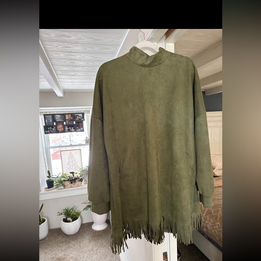 Olive Green Suede Fringe Tunic
